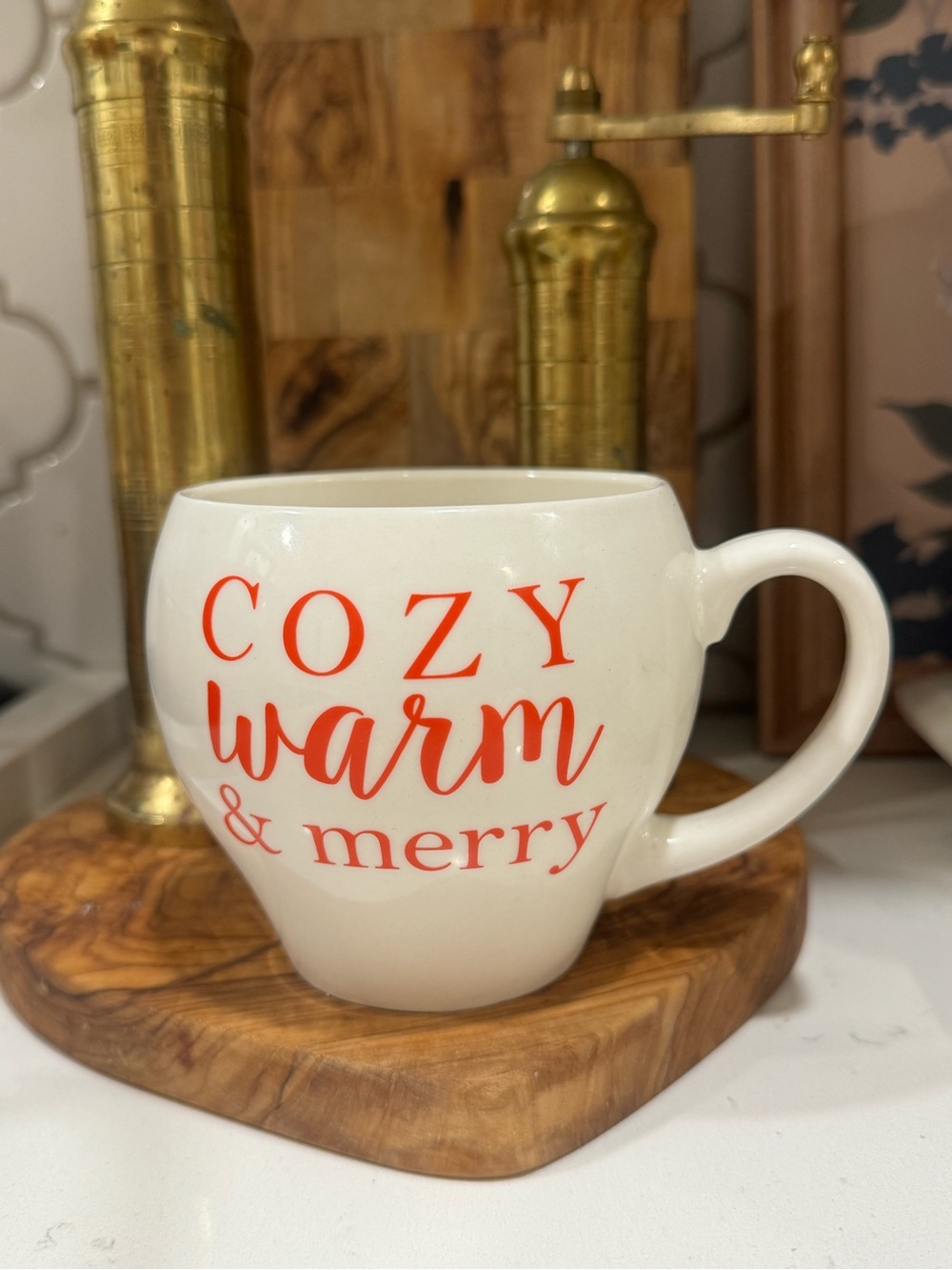 Holiday 'Cozy Warm & Merry' White Ceramic Mug with Red Script